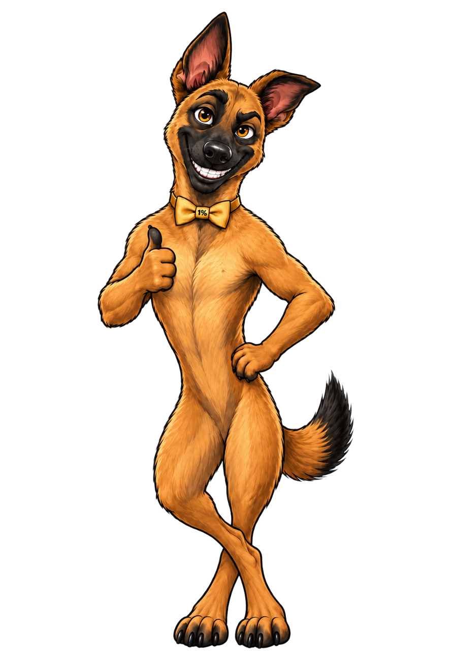 Ranger, a cartoon Belgian Malinois in a gold 1% bow tie, giving a thumbs-up